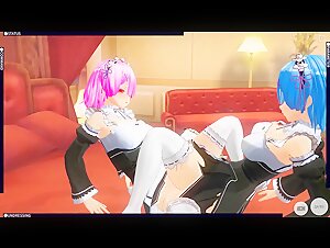 3D HENTAI Rem and Ram from Anime Re:Zero Cum together
